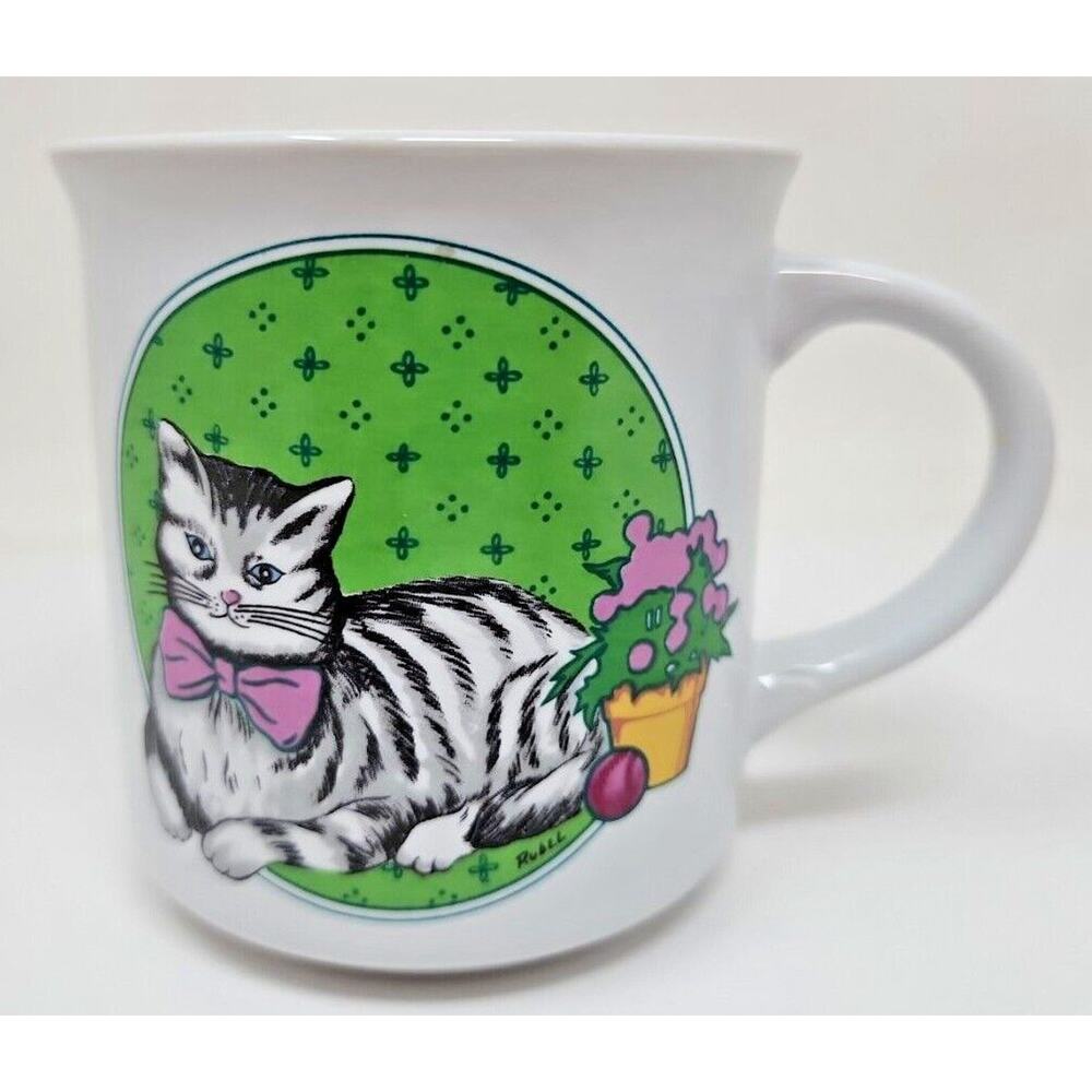 1985 Chadwick Miller Spring Theme Pink Bowtie Cat Coffee Mug W2